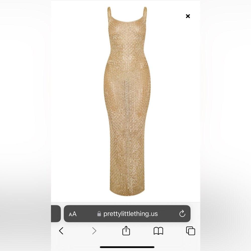 PRETTYLITTLETHINGGOLD METALLIC KNITTED MAXI DRESS - Size Large